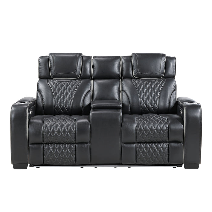 Apex - Power Double Reclining Love Seat with Center Console, Power Headrests, Storage Arms with Cup Holders, Wireless charger,  Air Massage and Heat, LED Lighting and Charging Ports