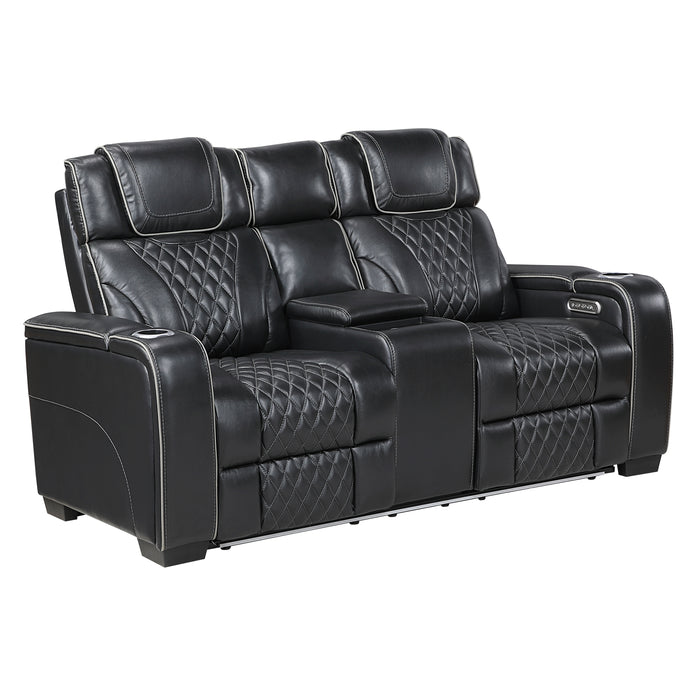 Apex - Power Double Reclining Love Seat with Center Console, Power Headrests, Storage Arms with Cup Holders, Wireless charger,  Air Massage and Heat, LED Lighting and Charging Ports