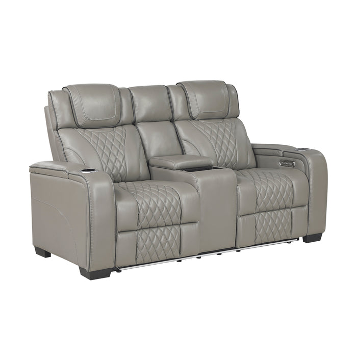 Apex - Power Double Reclining Love Seat with Center Console, Power Headrests, Storage Arms with Cup Holders, Wireless charger,  Air Massage and Heat, LED Lighting and Charging Ports