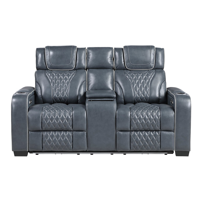 Apex - Power Double Reclining Love Seat with Center Console, Power Headrests, Storage Arms with Cup Holders, Wireless charger,  Air Massage and Heat, LED Lighting and Charging Ports