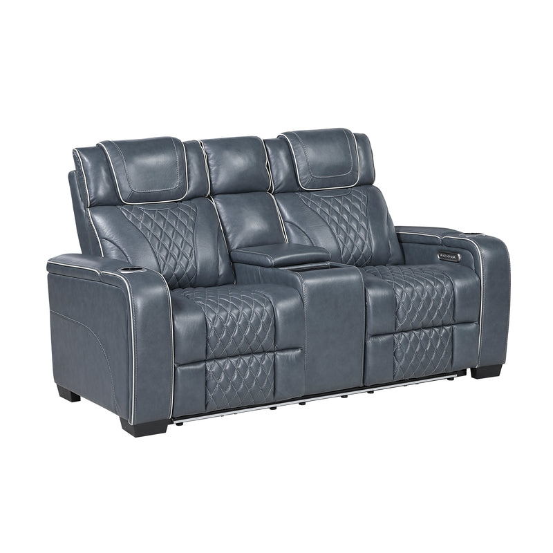 Apex - Power Double Reclining Love Seat with Center Console, Power Headrests, Storage Arms with Cup Holders, Wireless charger,  Air Massage and Heat, LED Lighting and Charging Ports