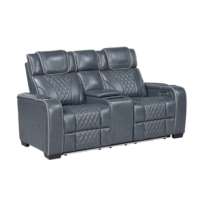 Apex - Power Double Reclining Love Seat with Center Console, Power Headrests, Storage Arms with Cup Holders, Wireless charger,  Air Massage and Heat, LED Lighting and Charging Ports