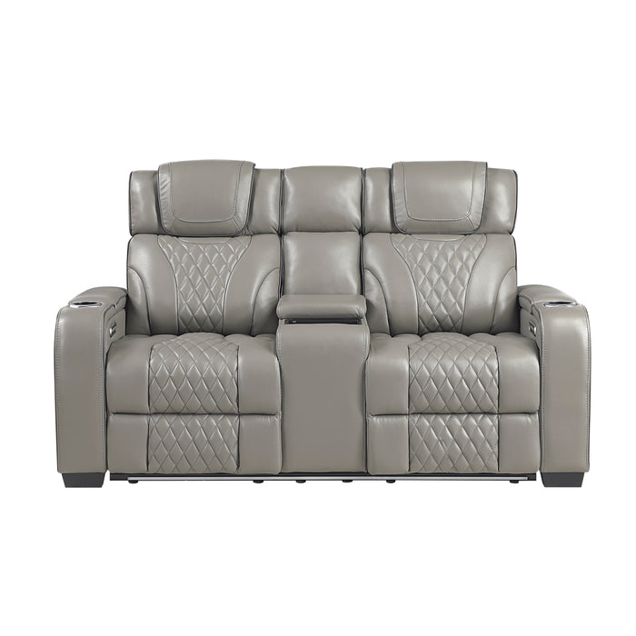 Apex - Power Double Reclining Love Seat with Center Console, Power Headrests, Storage Arms with Cup Holders, Wireless charger,  Air Massage and Heat, LED Lighting and Charging Ports
