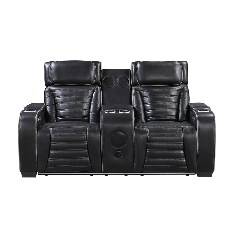 Cyber - Power Double Reclining Love Seat with Center Console, Power Headrests, Storage Arms(Top and Side) ,Cup Holders, Wireless speakers with Sub-Woofer, Air Massage, Heat, LED Lighting and