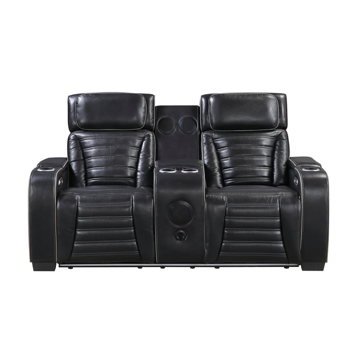 Cyber - Power Double Reclining Love Seat with Center Console, Power Headrests, Storage Arms(Top and Side) ,Cup Holders, Wireless speakers with Sub-Woofer, Air Massage, Heat, LED Lighting and