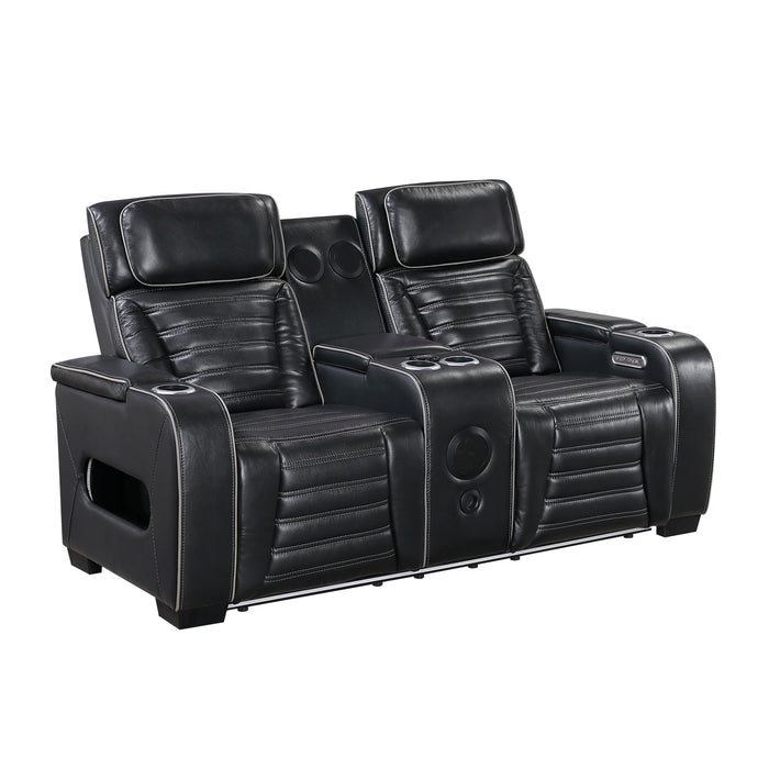 Cyber - Power Double Reclining Love Seat with Center Console, Power Headrests, Storage Arms(Top and Side) ,Cup Holders, Wireless speakers with Sub-Woofer, Air Massage, Heat, LED Lighting and