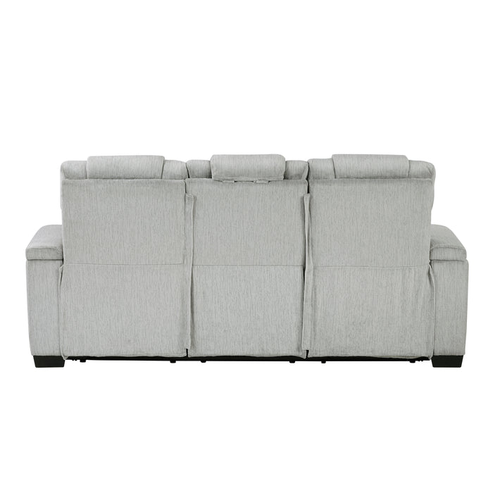 Ronan - Double Reclining Sofa with Center Drop-Down Cup Holders, Storage Arms, Cup Holders, Reading Lights, Magazine Bag, Receptacles, Charging Ports and LED