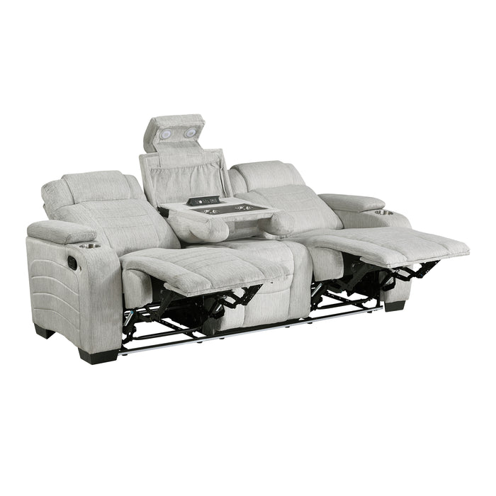 Ronan - Double Reclining Sofa with Center Drop-Down Cup Holders, Storage Arms, Cup Holders, Reading Lights, Magazine Bag, Receptacles, Charging Ports and LED