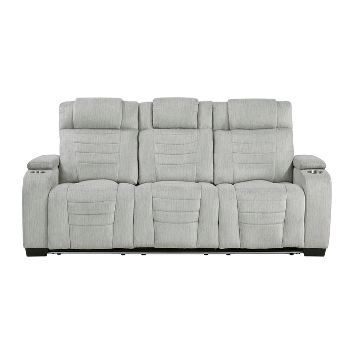 Ronan - Double Reclining Sofa with Center Drop-Down Cup Holders, Storage Arms, Cup Holders, Reading Lights, Magazine Bag, Receptacles, Charging Ports and LED