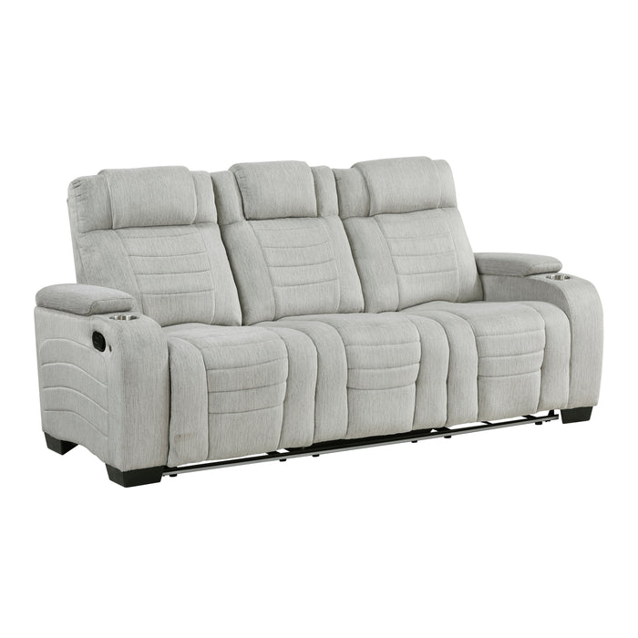 Ronan - Double Reclining Sofa with Center Drop-Down Cup Holders, Storage Arms, Cup Holders, Reading Lights, Magazine Bag, Receptacles, Charging Ports and LED