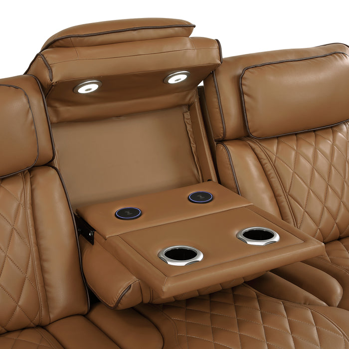 Fairway - Power Double Reclining Sofa with Center Drop-Down Cup Holders, Power Headrests, Storage Arms(Top and Side), Cup holders and Reading Lights, Two Wireless Chargers, Charging Ports and