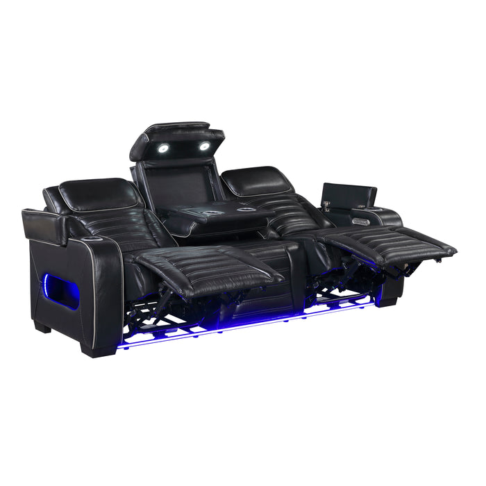 Cyber - Power Double Reclining Sofa with Center Drop-Down Cup Holders, Power Headrests,� Storage Arms(Top and Side) ,Cup holders, Reading Lights, Wireless Charger, Air Massage, Heat,� LED Lig