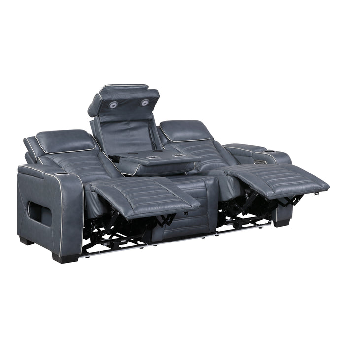 Cyber - Power Double Reclining Sofa with Center Drop-Down Cup Holders, Power Headrests,� Storage Arms(Top and Side) ,Cup holders, Reading Lights, Wireless Charger, Air Massage, Heat,� LED Lig