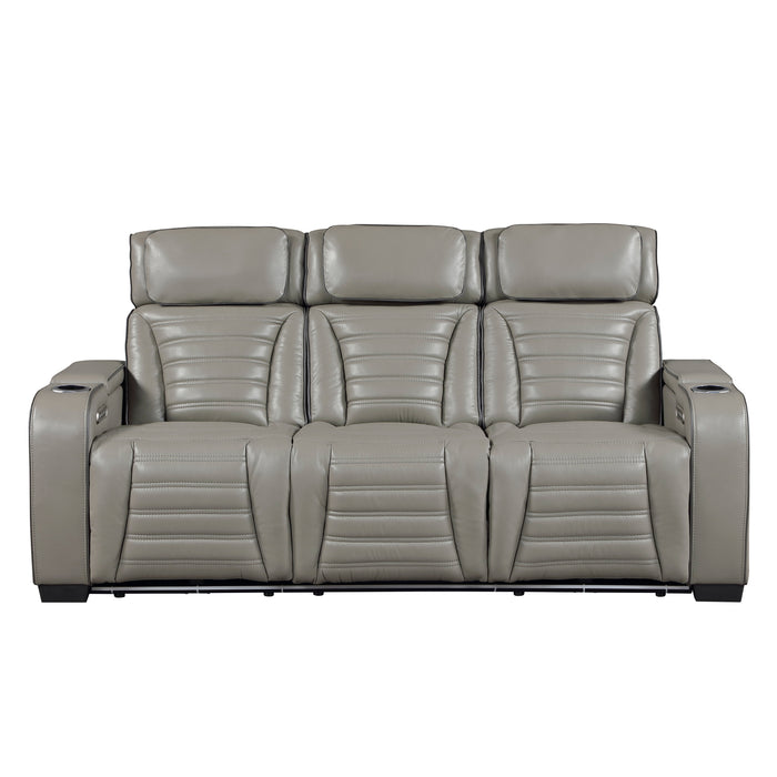 Cyber - Power Double Reclining Sofa with Center Drop-Down Cup Holders, Power Headrests,� Storage Arms(Top and Side) ,Cup holders, Reading Lights, Wireless Charger, Air Massage, Heat,� LED Lig