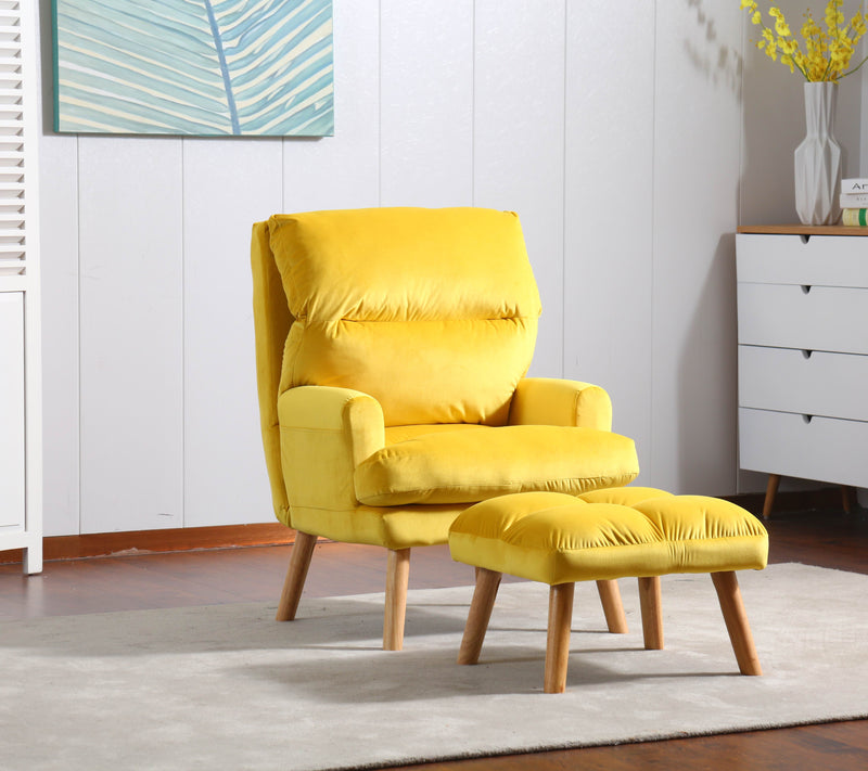 - Accent Click Clack Chair With Ottoman, Yellow With Oak Finish Legs