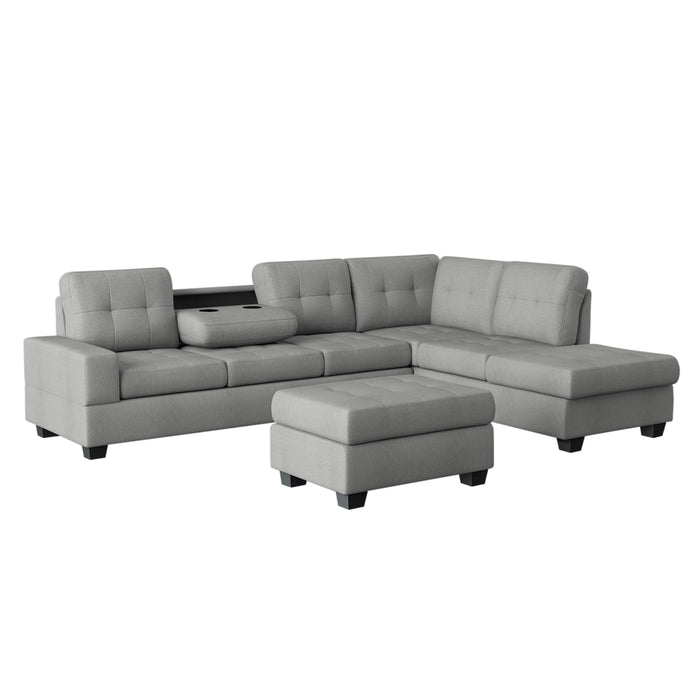 Maston - (3)3-Piece Reversible Sectional with Drop-Down Cup Holders and Storage Ottoman