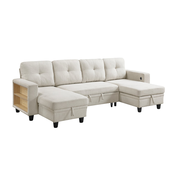 Robinson - (4)Sectional with Two Chaises, Pull-out Bed, Shelves and Charging Ports