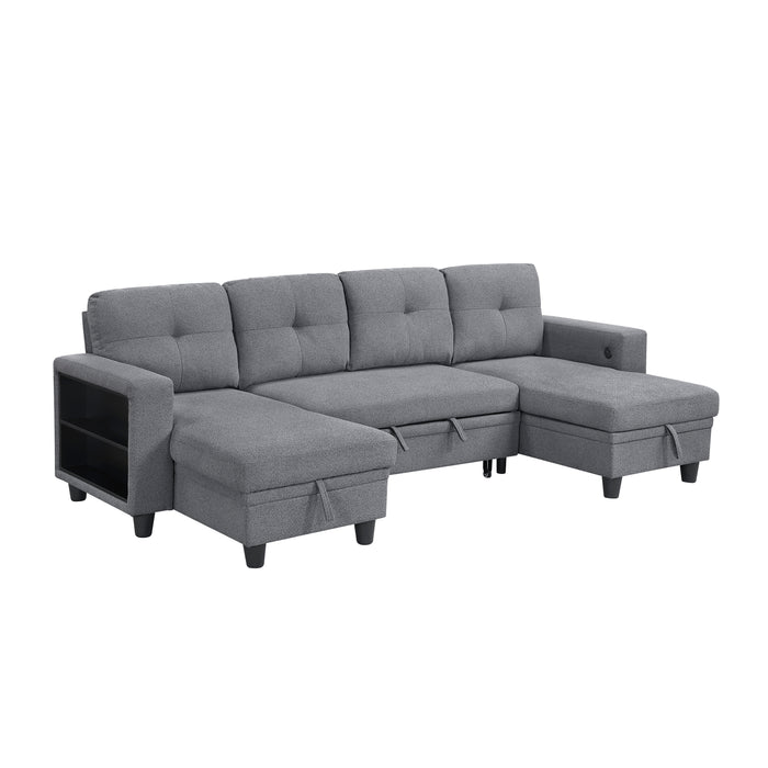 Robinson - (4)Sectional with Two Chaises, Pull-out Bed, Shelves and Charging Ports