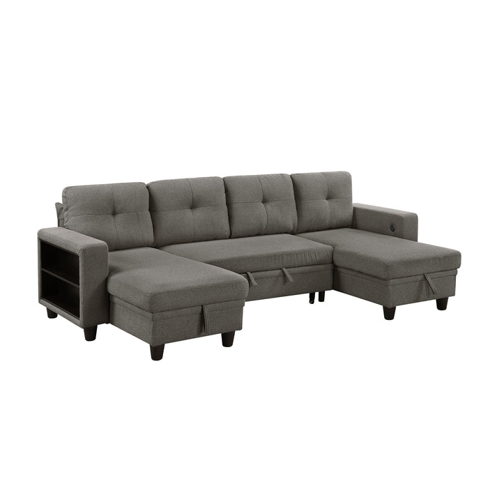 Robinson - (4)Sectional with Two Chaises, Pull-out Bed, Shelves and Charging Ports