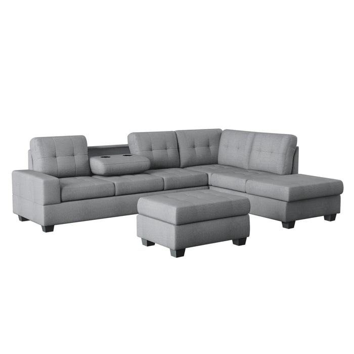 Maston - (3)3-Piece Reversible Sectional with Drop-Down Cup Holders and Storage Ottoman
