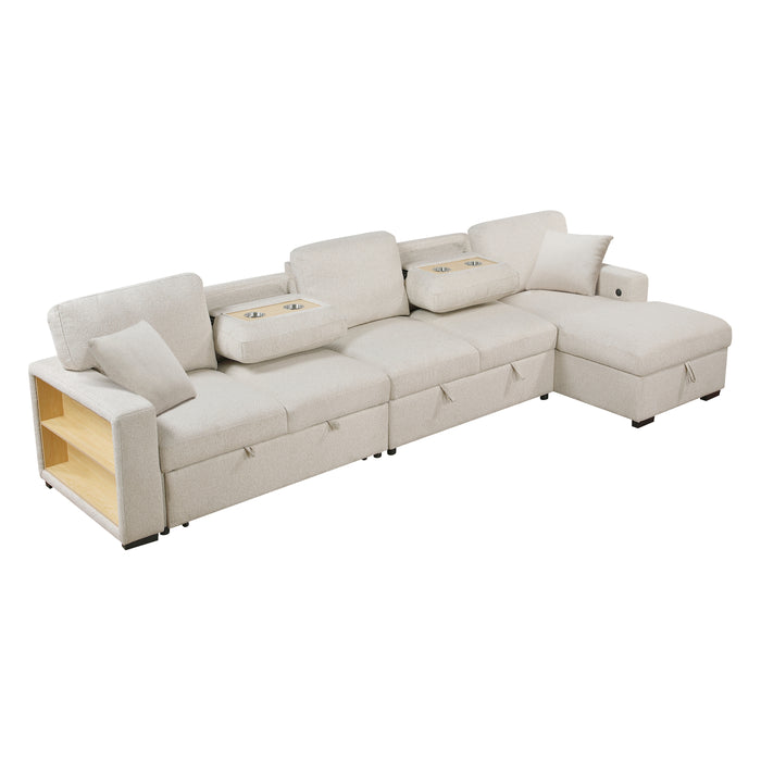 Pompano - (3)Sectional with Right Chaise, Pull-out Bed, Hidden Storages and Shelves, Charging Ports