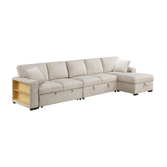 Pompano - (3)Sectional with Right Chaise, Pull-out Bed, Hidden Storages and Shelves, Charging Ports