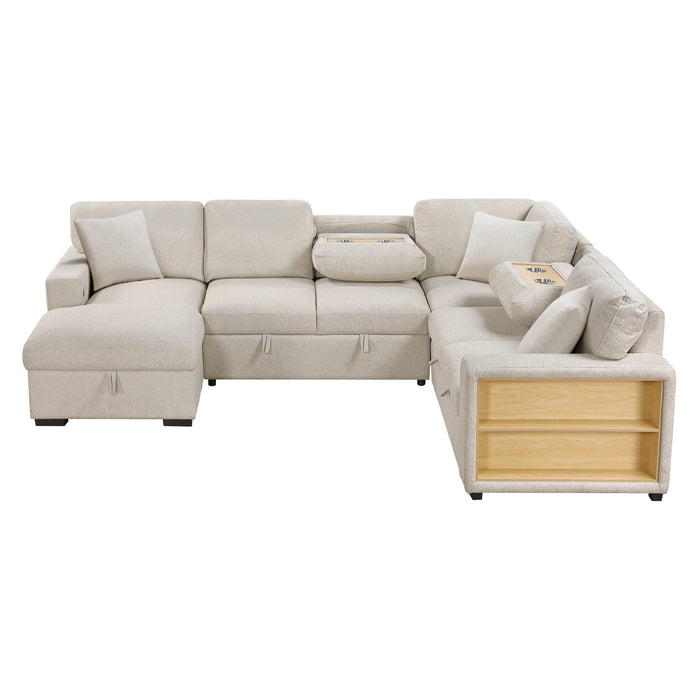 Pompano - (4)Sectional with Left Chaise, Pull-out Bed, Hidden Storages and Shelves, Charging Ports