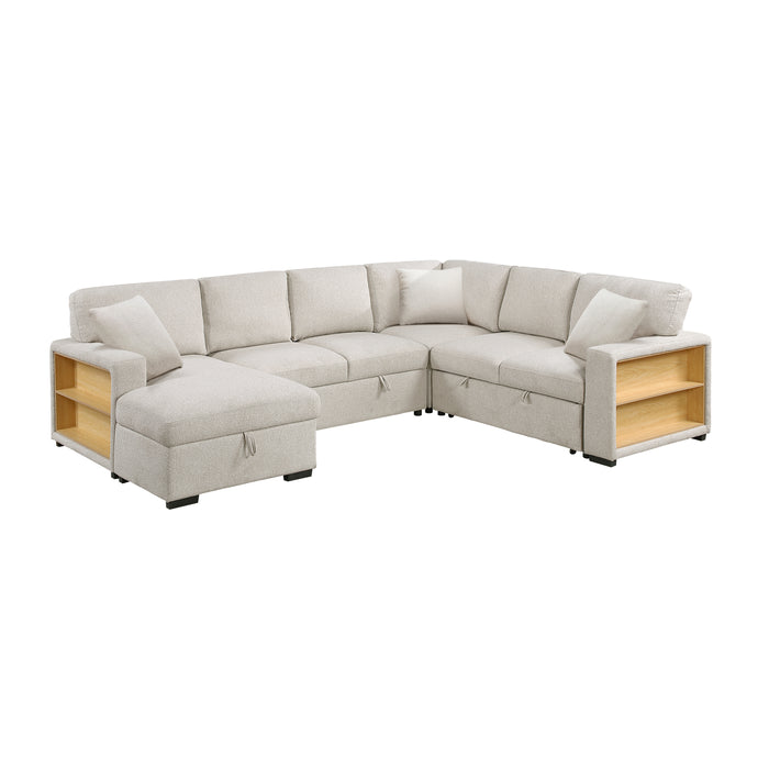 Pompano - (4)Sectional with Left Chaise, Pull-out Bed, Hidden Storages and Shelves, Charging Ports