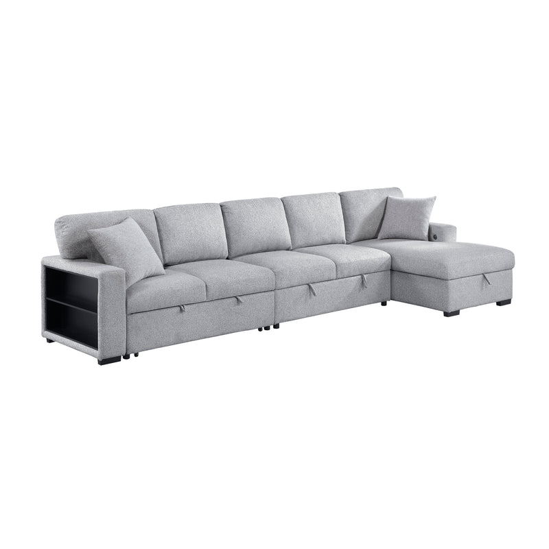 Pompano - (3)Sectional with Right Chaise, Pull-out Bed, Hidden Storages and Shelves, Charging Ports