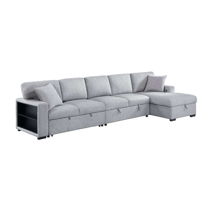 Pompano - (3)Sectional with Right Chaise, Pull-out Bed, Hidden Storages and Shelves, Charging Ports