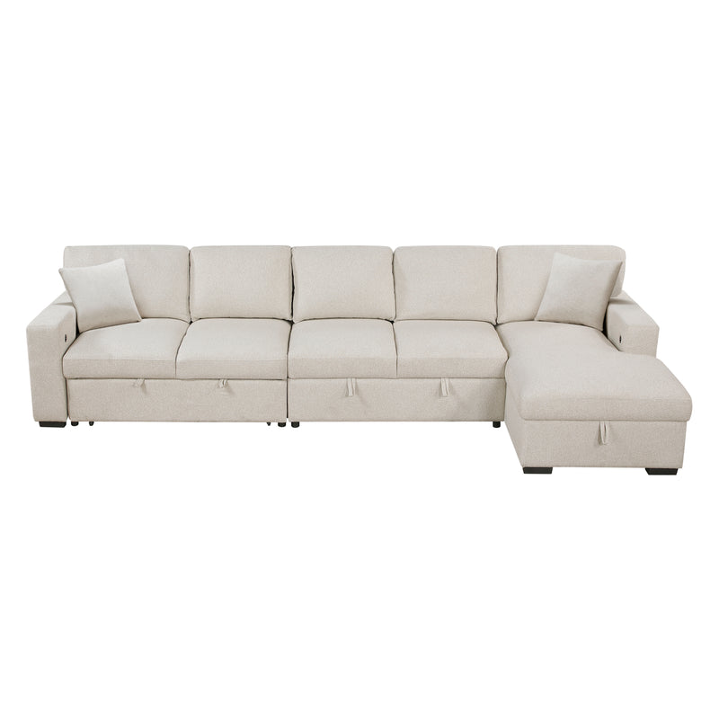 Pompano - (3)Sectional with Right Chaise, Pull-out Bed, Hidden Storages and Shelves, Charging Ports