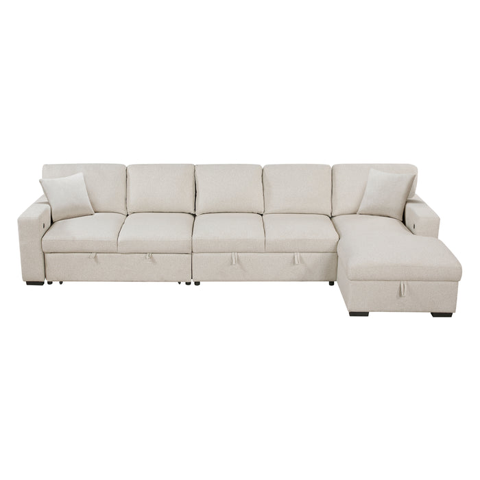 Pompano - (3)Sectional with Right Chaise, Pull-out Bed, Hidden Storages and Shelves, Charging Ports