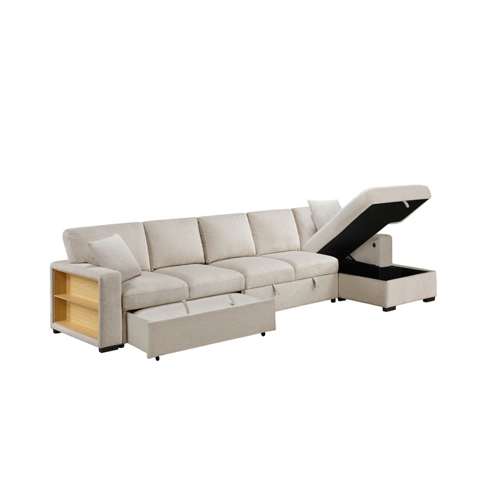 Pompano - (3)Sectional with Right Chaise, Pull-out Bed, Hidden Storages and Shelves, Charging Ports