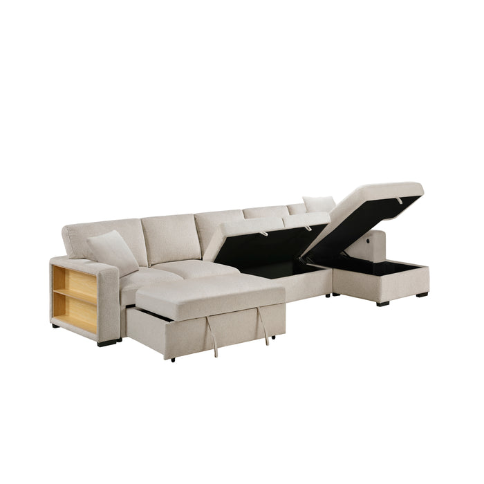 Pompano - (3)Sectional with Right Chaise, Pull-out Bed, Hidden Storages and Shelves, Charging Ports