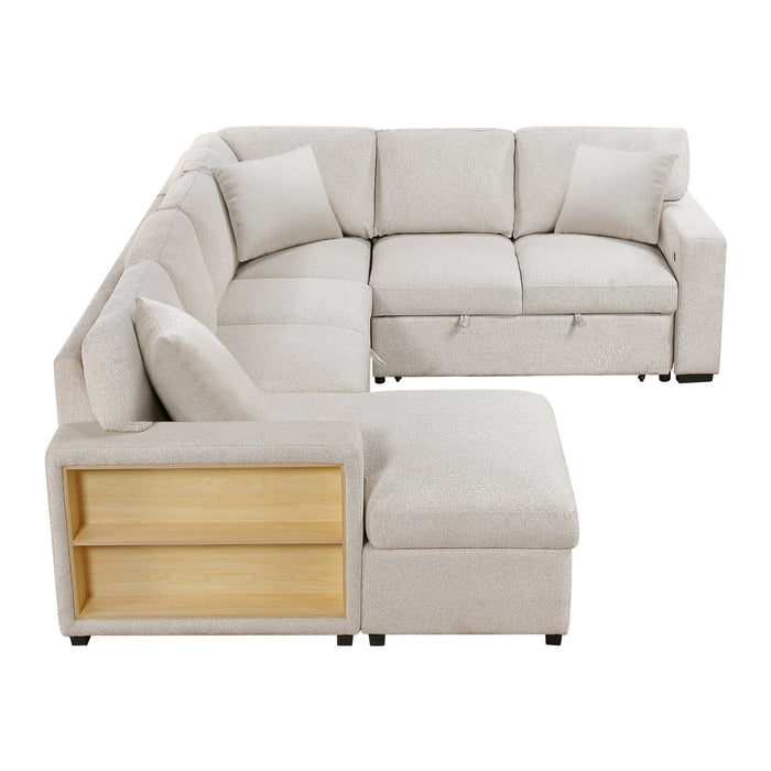 Pompano - (4)Sectional with Left Chaise, Pull-out Bed, Hidden Storages and Shelves, Charging Ports