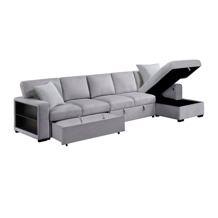 Pompano - (3)Sectional with Right Chaise, Pull-out Bed, Hidden Storages and Shelves, Charging Ports