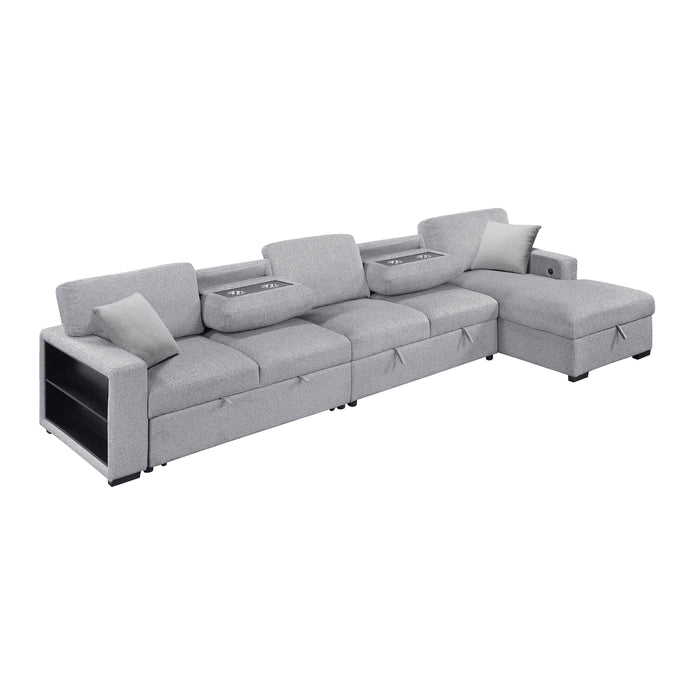 Pompano - (3)Sectional with Right Chaise, Pull-out Bed, Hidden Storages and Shelves, Charging Ports
