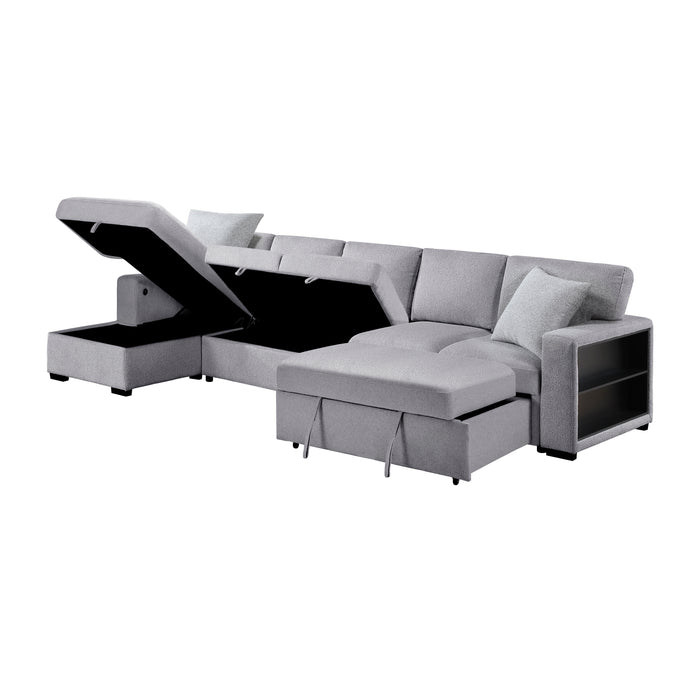 Pompano - (3)Sectional with Left Chaise, Pull-out Bed Hidden Storages and Shelves, Charging Ports