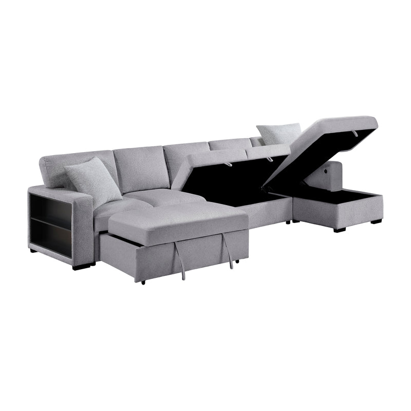 Pompano - (3)Sectional with Right Chaise, Pull-out Bed, Hidden Storages and Shelves, Charging Ports