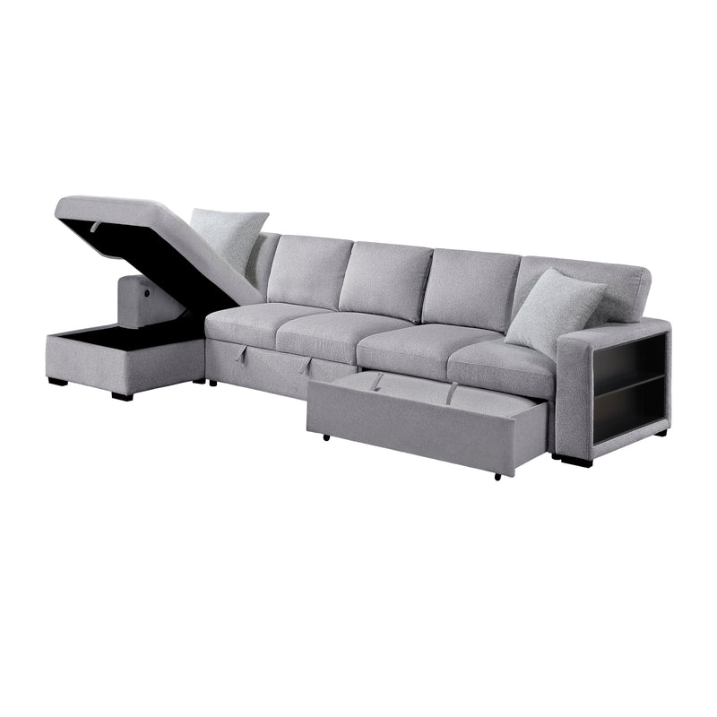 Pompano - (3)Sectional with Left Chaise, Pull-out Bed Hidden Storages and Shelves, Charging Ports