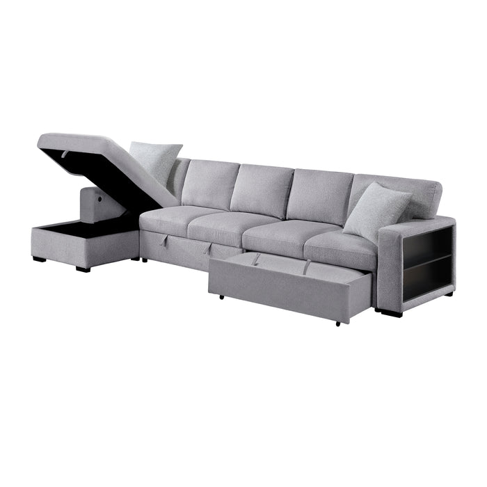 Pompano - (3)Sectional with Left Chaise, Pull-out Bed Hidden Storages and Shelves, Charging Ports