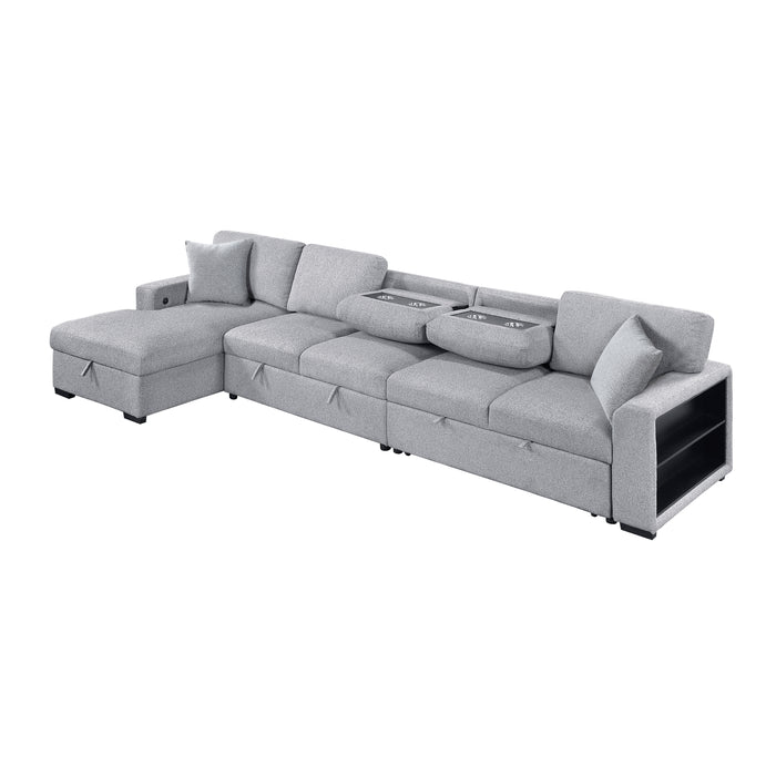 Pompano - (3)Sectional with Left Chaise, Pull-out Bed Hidden Storages and Shelves, Charging Ports