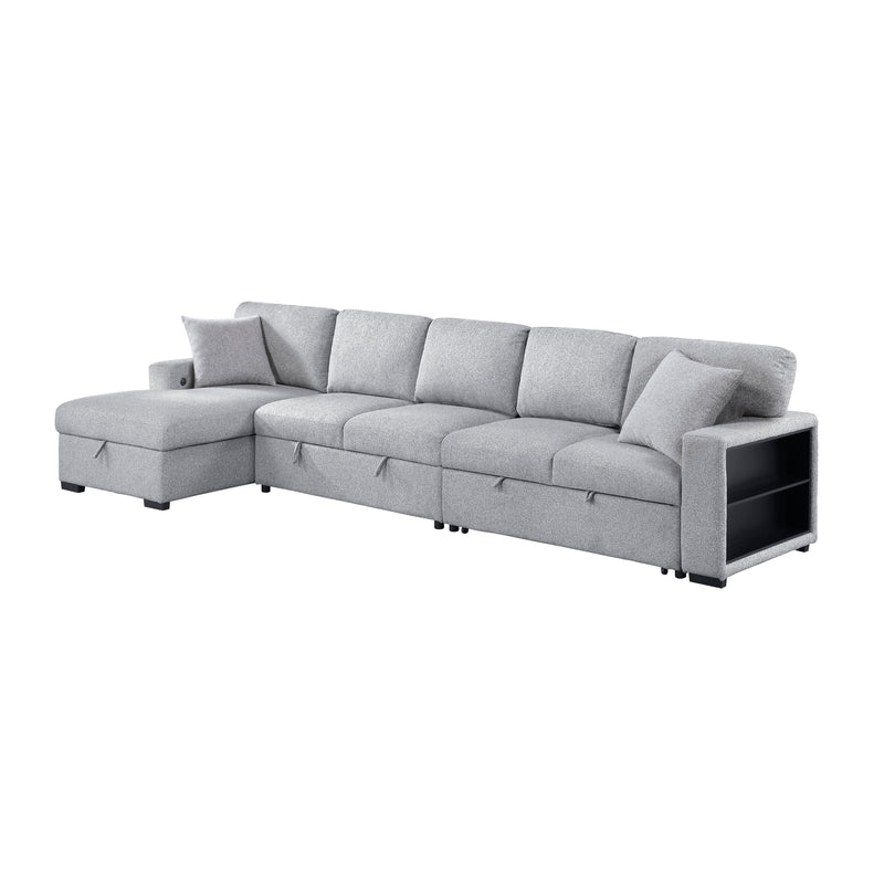Pompano - (3)Sectional with Left Chaise, Pull-out Bed Hidden Storages and Shelves, Charging Ports