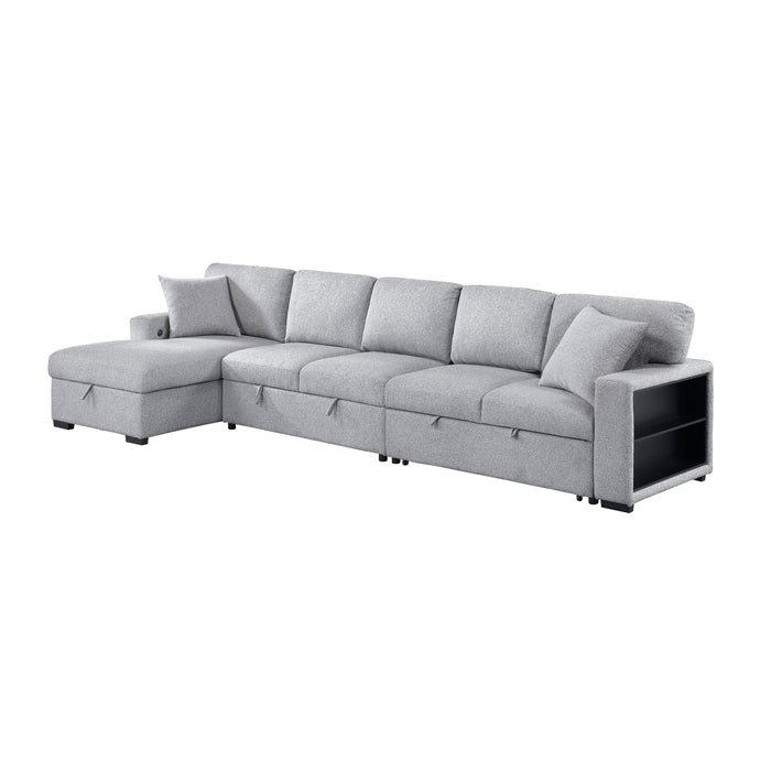 Pompano - (3)Sectional with Left Chaise, Pull-out Bed Hidden Storages and Shelves, Charging Ports