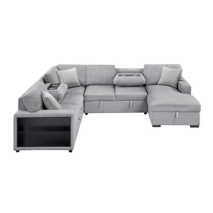 Pompano - (4)Sectional with Right Chaise, Pull-out Bed, Hidden Storages and Shelves, Charging Ports