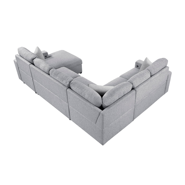 Pompano - (4)Sectional with Right Chaise, Pull-out Bed, Hidden Storages and Shelves, Charging Ports