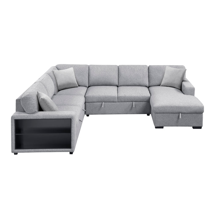 Pompano - (4)Sectional with Right Chaise, Pull-out Bed, Hidden Storages and Shelves, Charging Ports