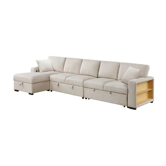 Pompano - (3)Sectional with Left Chaise, Pull-out Bed, Hidden Storages  and Shelves, Charging Ports