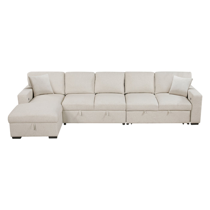 Pompano - (3)Sectional with Left Chaise, Pull-out Bed, Hidden Storages  and Shelves, Charging Ports
