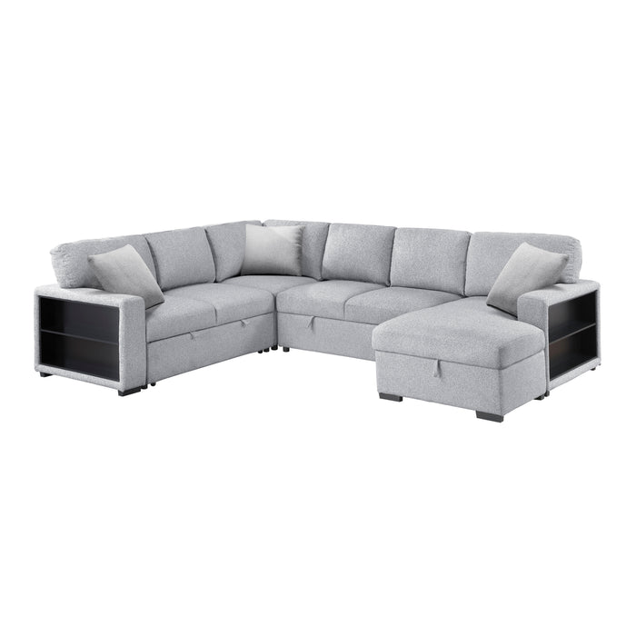 Pompano - (4)Sectional with Right Chaise, Pull-out Bed, Hidden Storages and Shelves, Charging Ports